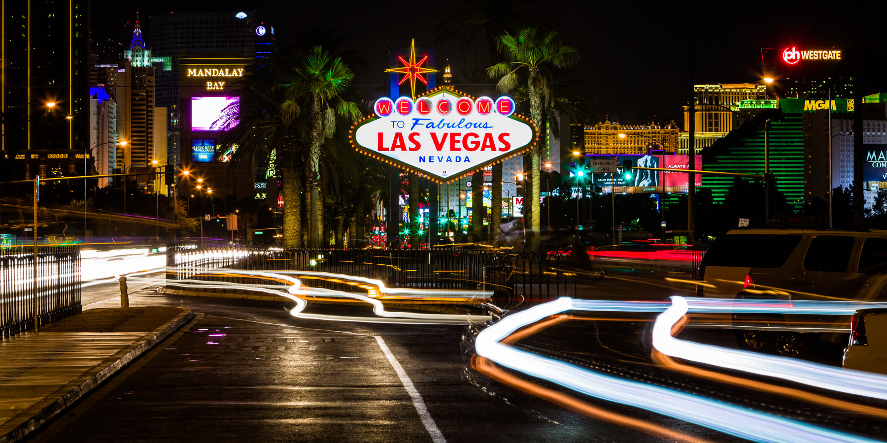 The Welcome to Fabulous Las Vegas Nevada sign at night.